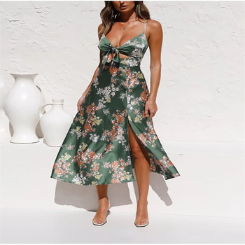 Rochie maxi imprimată, bretele tip sling cu funda, fără mâneci, talie înaltă, tiv neregulat, poliester
