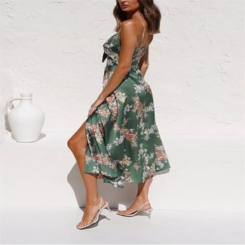 Rochie maxi imprimată, bretele tip sling cu funda, fără mâneci, talie înaltă, tiv neregulat, poliester