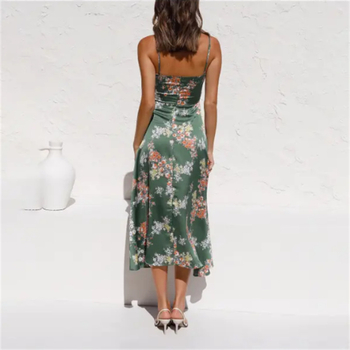 Rochie maxi imprimată, bretele tip sling cu funda, fără mâneci, talie înaltă, tiv neregulat, poliester
