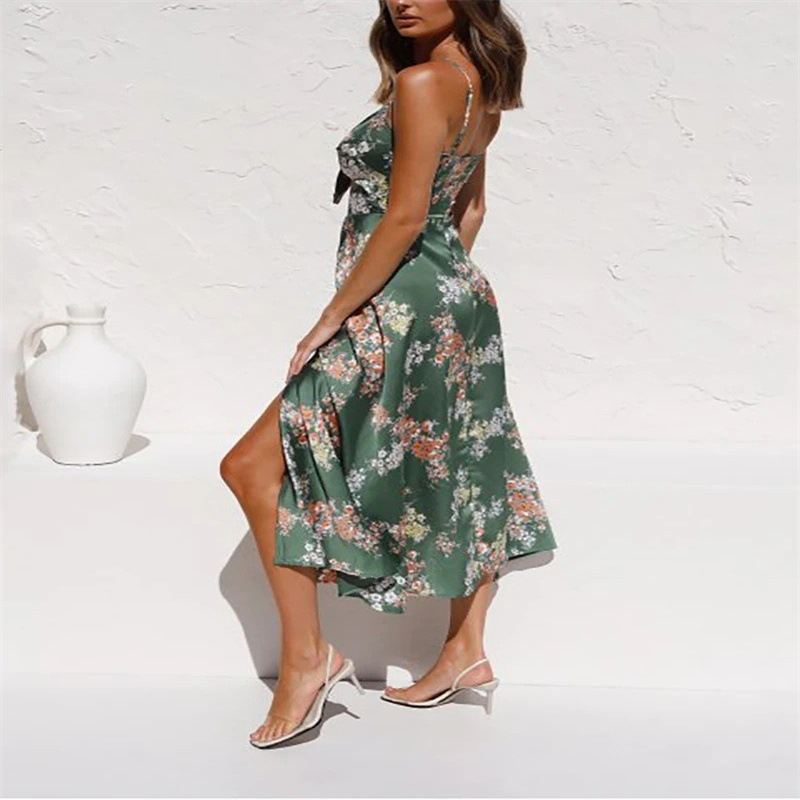 Rochie maxi imprimată, bretele tip sling cu funda, fără mâneci, talie înaltă, tiv neregulat, poliester