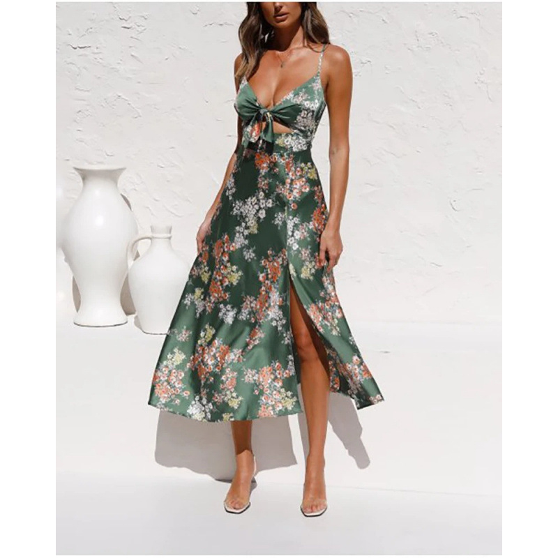 Rochie maxi imprimată, bretele tip sling cu funda, fără mâneci, talie înaltă, tiv neregulat, poliester