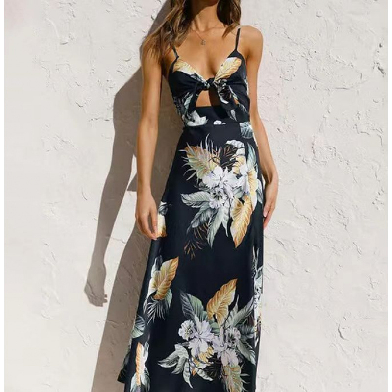 Rochie maxi imprimată, bretele tip sling cu funda, fără mâneci, talie înaltă, tiv neregulat, poliester
