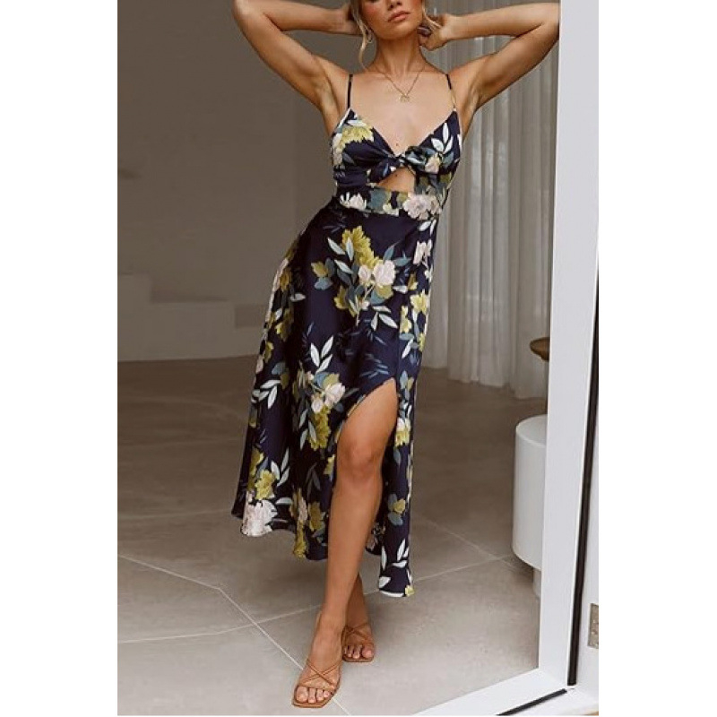Rochie maxi imprimată, bretele tip sling cu funda, fără mâneci, talie înaltă, tiv neregulat, poliester