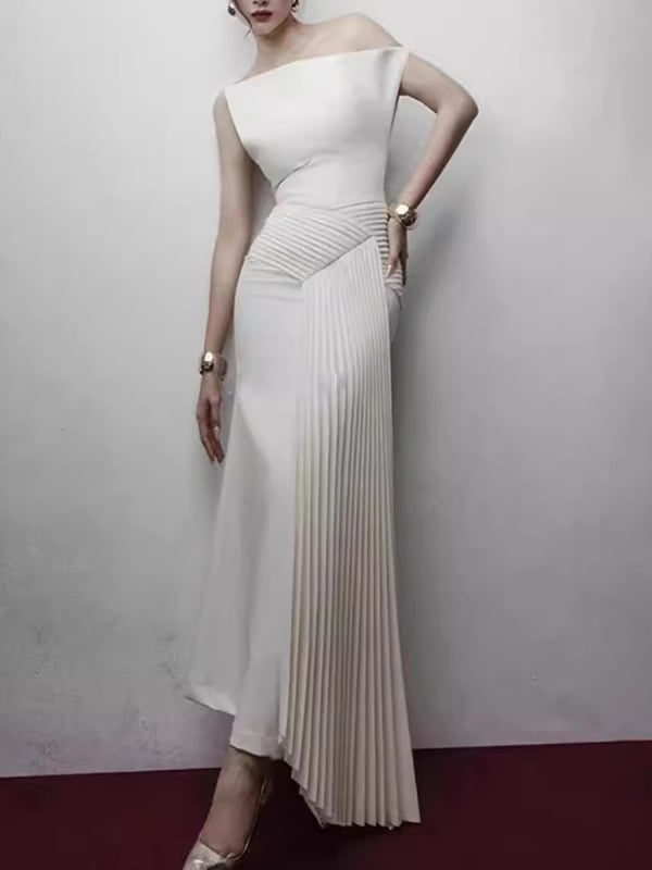 Rochie de seară fără bretele, stil tube-top, lungă în linie A, talie înaltă cu plisuri, din poliester-elastan, fermoar, toamna 2025