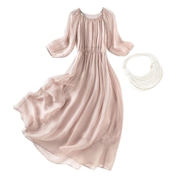 Rochie din mătase Mulberry (95%+), guler rotund, lungime midi, siluetă zână — Babil
