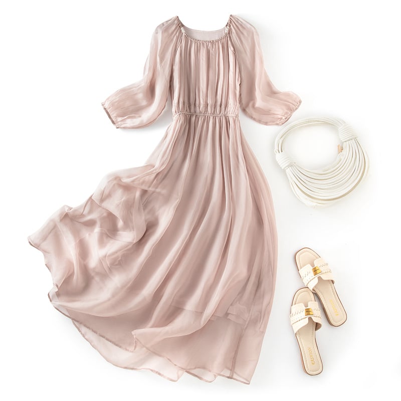 Rochie din mătase Mulberry (95%+), guler rotund, lungime midi, siluetă zână — Babil