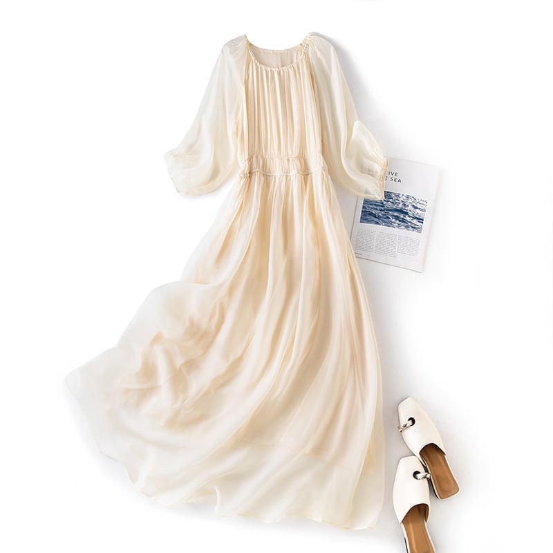 Rochie din mătase Mulberry (95%+), guler rotund, lungime midi, siluetă zână — Babil