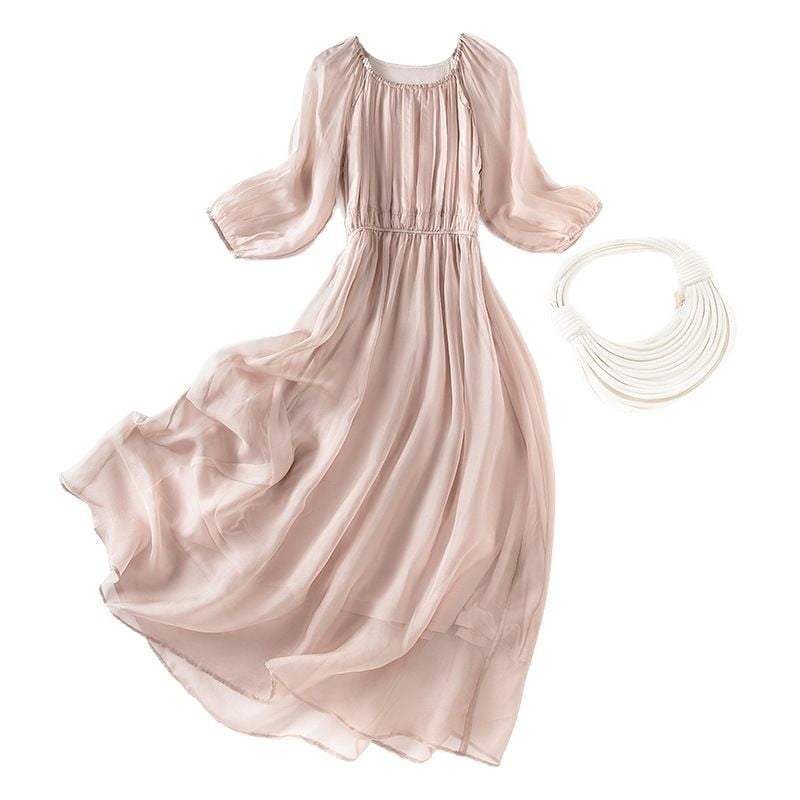 Rochie din mătase Mulberry (95%+), guler rotund, lungime midi, siluetă zână — Babil