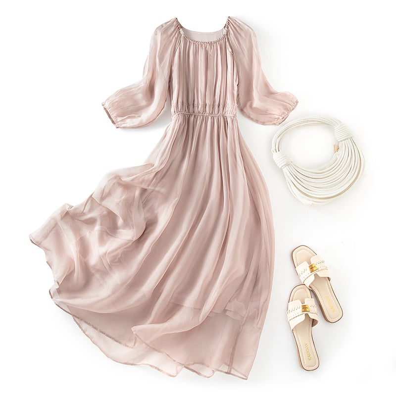 Rochie din mătase Mulberry (95%+), guler rotund, lungime midi, siluetă zână — Babil