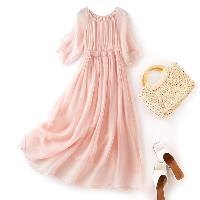 Rochie din mătase Mulberry (95%+), guler rotund, lungime midi, siluetă zână — Babil