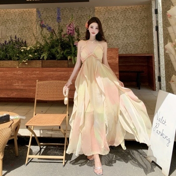 Rochie lungă de șifon, decolteu în V, volane, talie înaltă, croială A-line (șifon; decolteu în V; volane; A-line; talie înaltă)