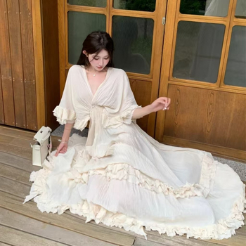 Rochie lungă de șifon, decolteu în V, volane, talie înaltă, croială A-line (șifon; decolteu în V; volane; A-line; talie înaltă)