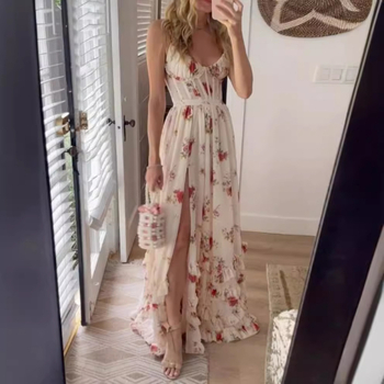 Rochie cu imprimeu, stil sling, fără mâneci, talie înaltă, lungă