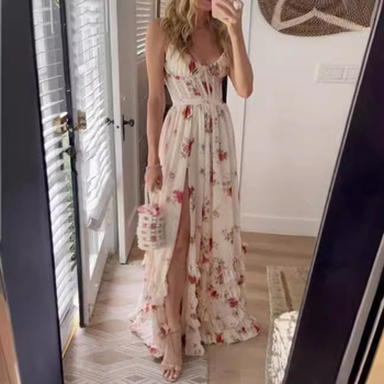 Rochie cu imprimeu, stil sling, fără mâneci, talie înaltă, lungă