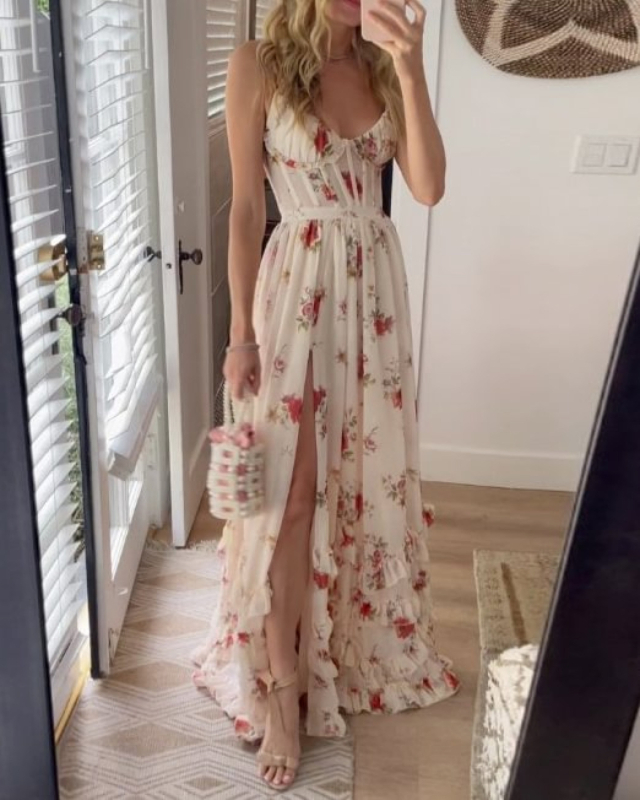 Rochie cu imprimeu, stil sling, fără mâneci, talie înaltă, lungă