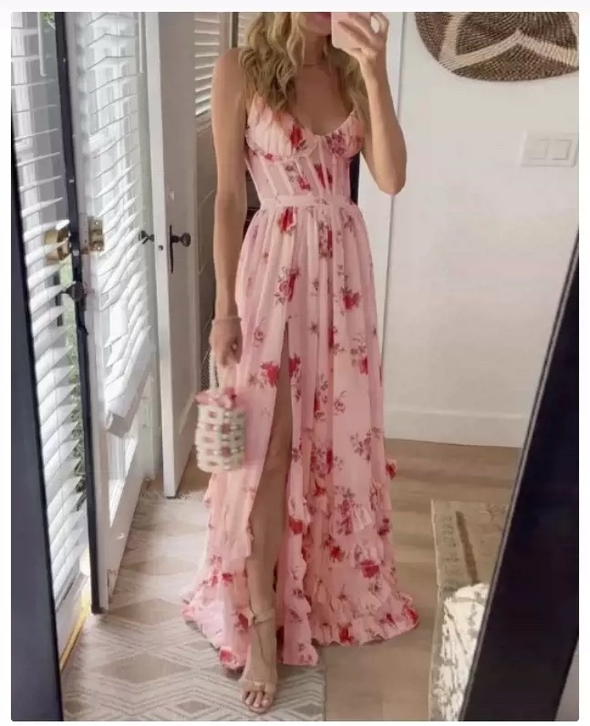 Rochie cu imprimeu, stil sling, fără mâneci, talie înaltă, lungă
