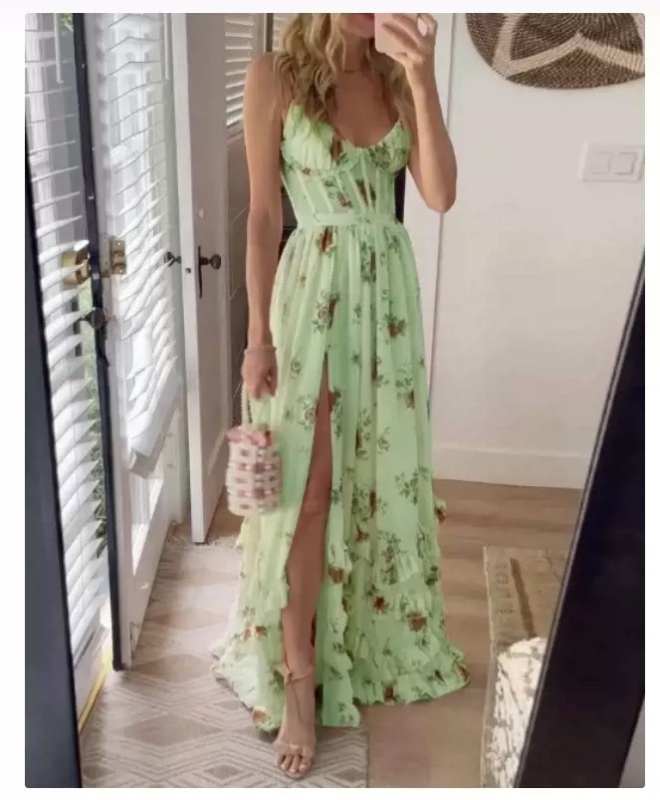 Rochie cu imprimeu, stil sling, fără mâneci, talie înaltă, lungă