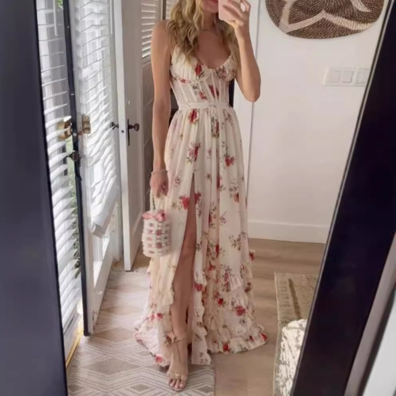Rochie cu imprimeu, stil sling, fără mâneci, talie înaltă, lungă