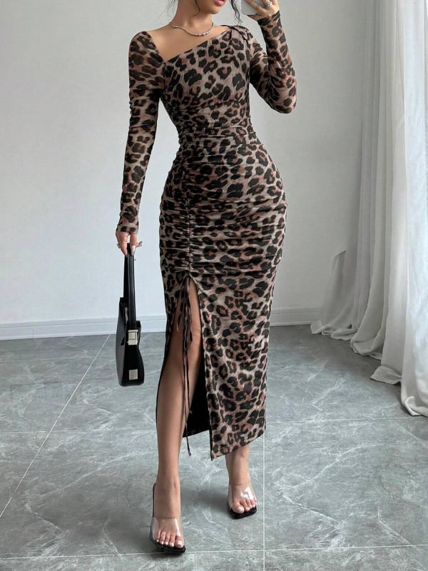 Haljina s leopard printom – uski kroj, dugi rukavi, duga suknja, tkanina poliester-spandeks