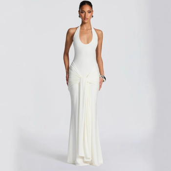 Rochie bodycon cu guler halter și talie înaltă, lungă, din Milk Silk
