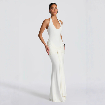 Rochie bodycon cu guler halter și talie înaltă, lungă, din Milk Silk