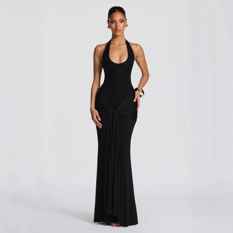 Rochie bodycon cu guler halter și talie înaltă, lungă, din Milk Silk