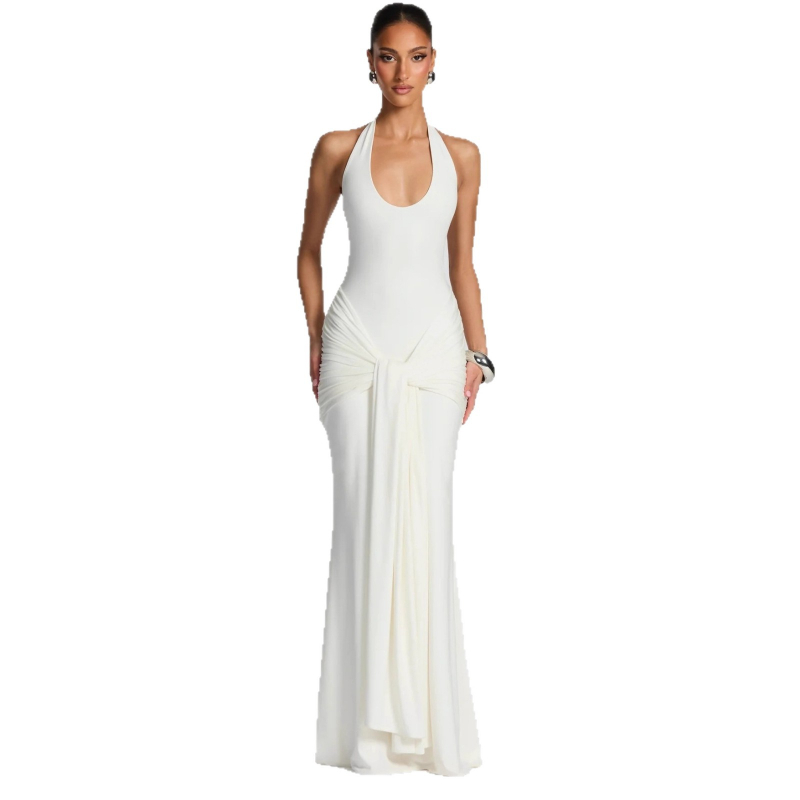 Rochie bodycon cu guler halter și talie înaltă, lungă, din Milk Silk