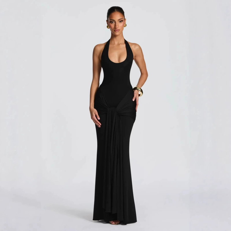 Rochie bodycon cu guler halter și talie înaltă, lungă, din Milk Silk