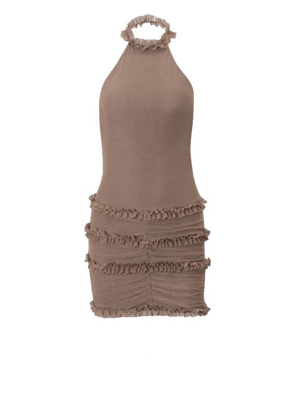 Rochie halter cu spate decupat, fără mâneci, croială strânsă, talie înaltă, poliester extensibil cu spandex
