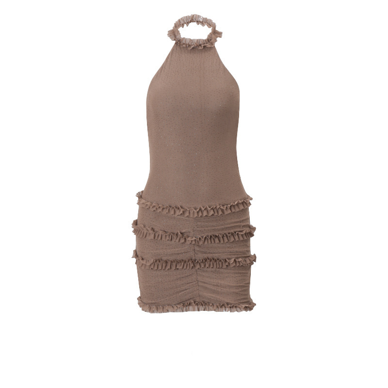 Rochie halter cu spate decupat, fără mâneci, croială strânsă, talie înaltă, poliester extensibil cu spandex