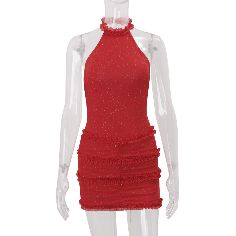 Rochie halter cu spate decupat, fără mâneci, croială strânsă, talie înaltă, poliester extensibil cu spandex
