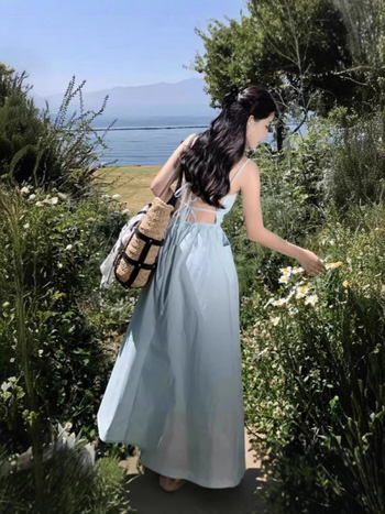 Rochie fără spate, cu bretele, A-line lungă, fără mâneci, talie înaltă