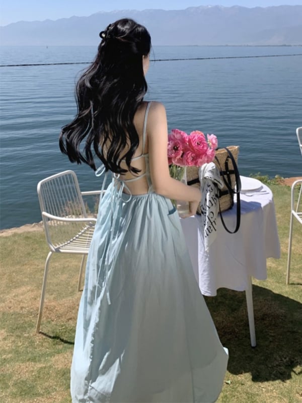 Rochie fără spate, cu bretele, A-line lungă, fără mâneci, talie înaltă
