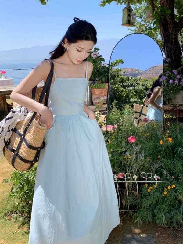 Rochie fără spate, cu bretele, A-line lungă, fără mâneci, talie înaltă