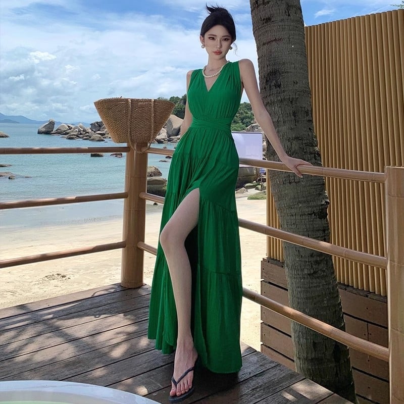 Rochie cu decolteu în V, bretele sling, fără mâneci, lungime midi, țesătură PVC solidă