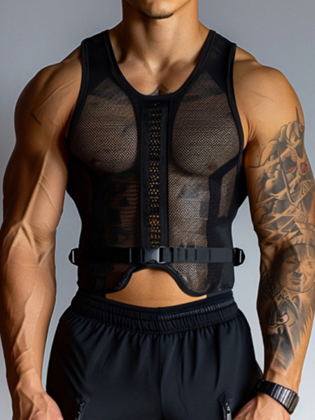 Férfi ujjatlan mesh sportfelső átlátszó dizájnnal, poliészter 95-99%, szabott fazon