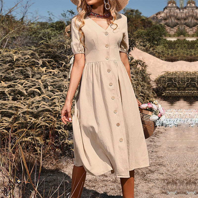 Rochie midi A-line cu decolteu în V, mâneci scurte, talie înaltă; material poliester cu elastan; model monocrom.