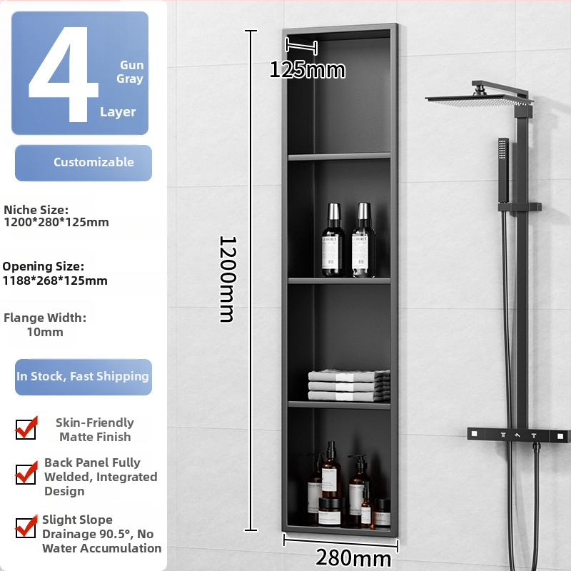 304 nehrđajući čelik – ugrađena niša za kupaonicu, 4 razine, završna obrada pećnim lakom, nosivost 20 kg, Defens