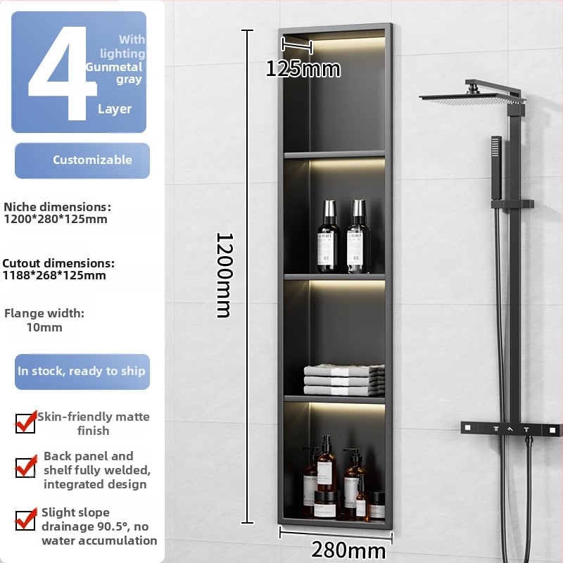 304 nehrđajući čelik – ugrađena niša za kupaonicu, 4 razine, završna obrada pećnim lakom, nosivost 20 kg, Defens