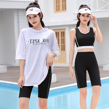 Női 3 részes gyorsan száradó fürdőruha szett, melltámaszokkal, felső UV-védő és középső hosszúságú nadrággal; magas derék; 88% poliészter