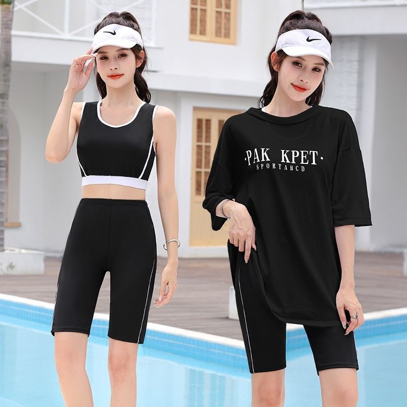 Női 3 részes gyorsan száradó fürdőruha szett, melltámaszokkal, felső UV-védő és középső hosszúságú nadrággal; magas derék; 88% poliészter