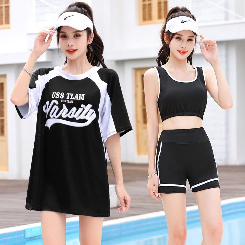 Női 3 részes gyorsan száradó fürdőruha szett, melltámaszokkal, felső UV-védő és középső hosszúságú nadrággal; magas derék; 88% poliészter