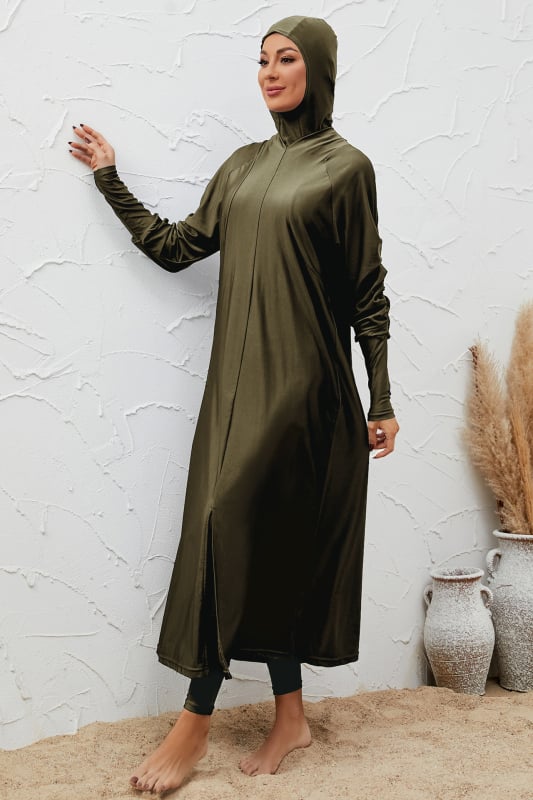 Konzervatív háromrészes hosszúujjú női fürdőruha, poliészter anyag belsővel, felnőtt nők számára, úszáshoz és vízben sétáláshoz