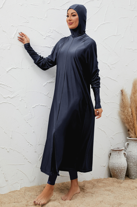 Konzervatív háromrészes hosszúujjú női fürdőruha, poliészter anyag belsővel, felnőtt nők számára, úszáshoz és vízben sétáláshoz