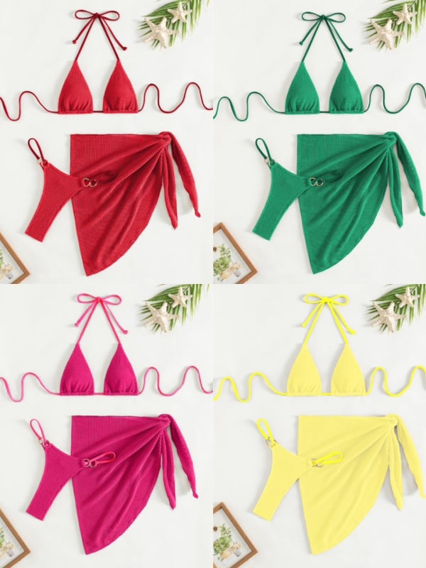 Háromrészes fürdőruha szett kötőpántokkal és hálós részletekkel; poliészter 95% és elasztán 5% bélés; melltartó párna