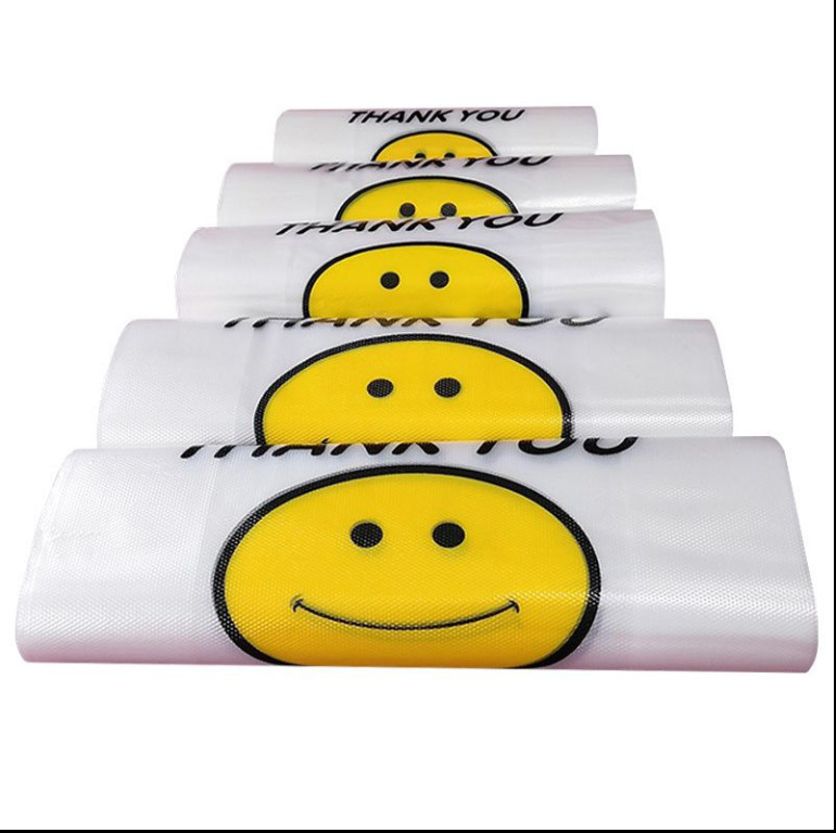 Elvihető ételcsomagoló táska mosolygós dizájnnal, átlátszó vastított műanyag, kétszintes 5 silk vastagság, Tung Plastic márka, privát címke készen áll