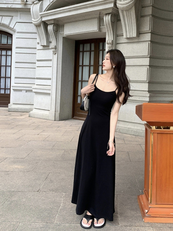 Női pántos ruha, A-vonal, hosszú, magas derék, poliészter