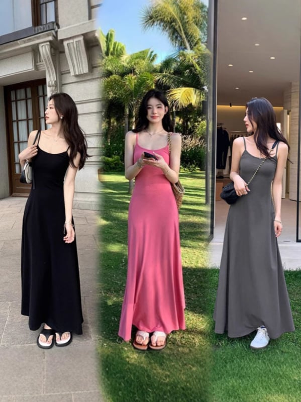 Női pántos ruha, A-vonal, hosszú, magas derék, poliészter