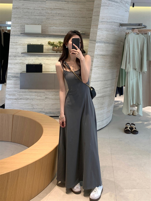 Női pántos ruha, A-vonal, hosszú, magas derék, poliészter