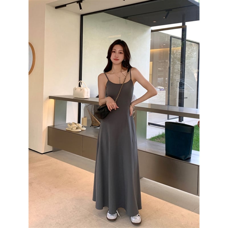 Női pántos ruha, A-vonal, hosszú, magas derék, poliészter